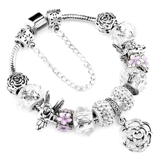 Silver Crystal Flower Fairy Bead Fit Brand Bracelets - Glefidiya